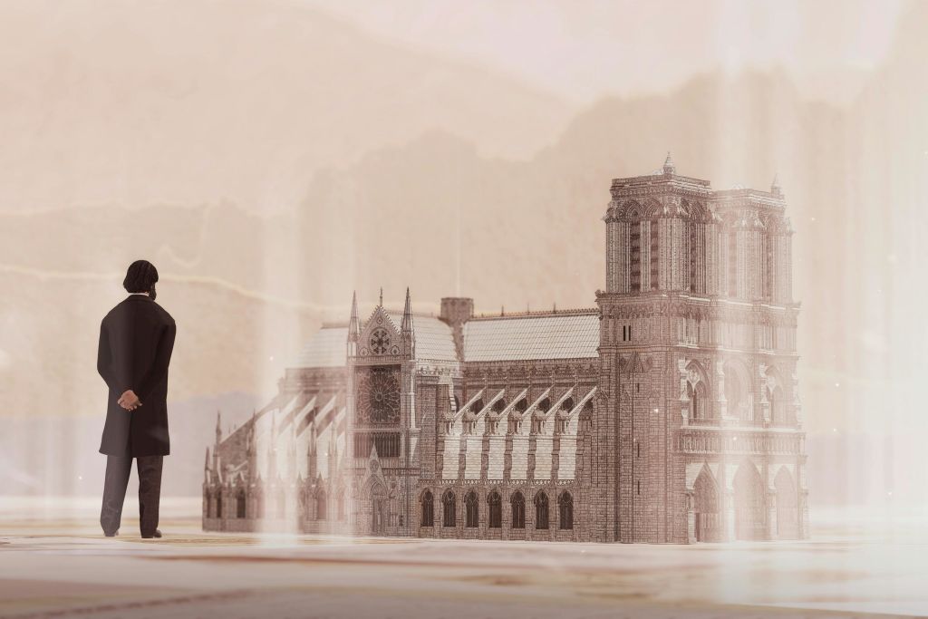 건축가와 노트르담 대성당을 배경으로 사진 촬영하기