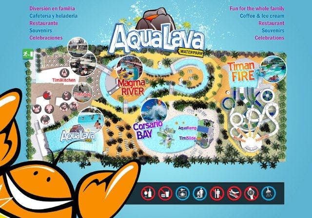 마그마 강, 티만 파이어, 코사리오 베이 및 다양한 시설과 같은 명소를 강조하는 아쿠아라바 워터파크의 다채로운 지도.