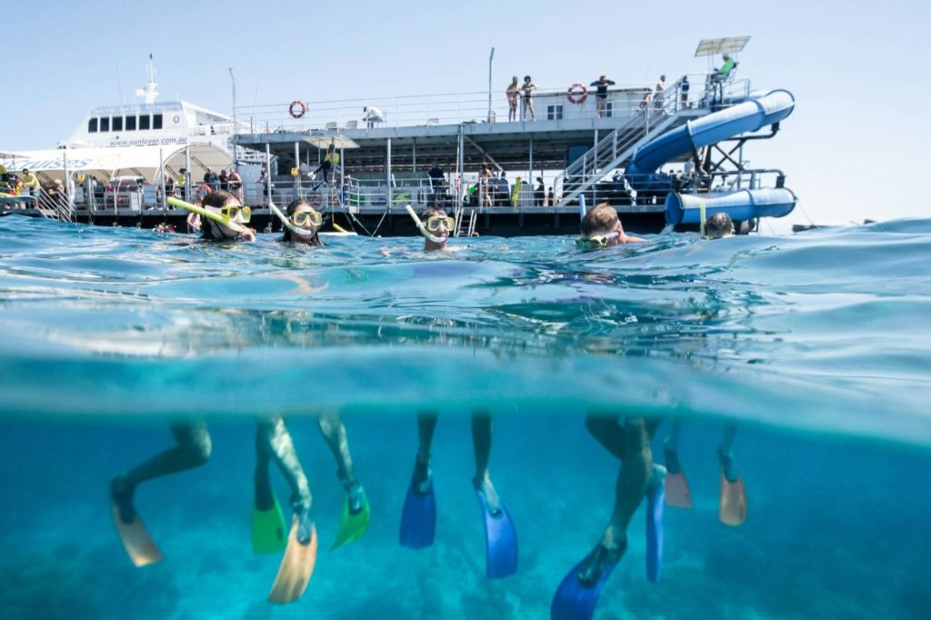 계단과 워터 슬라이드가 있는 선착장 근처에서 지느러미와 스노클링 마스크를 착용하고 맑고 푸른 물에서 스노클링하는 사람들.