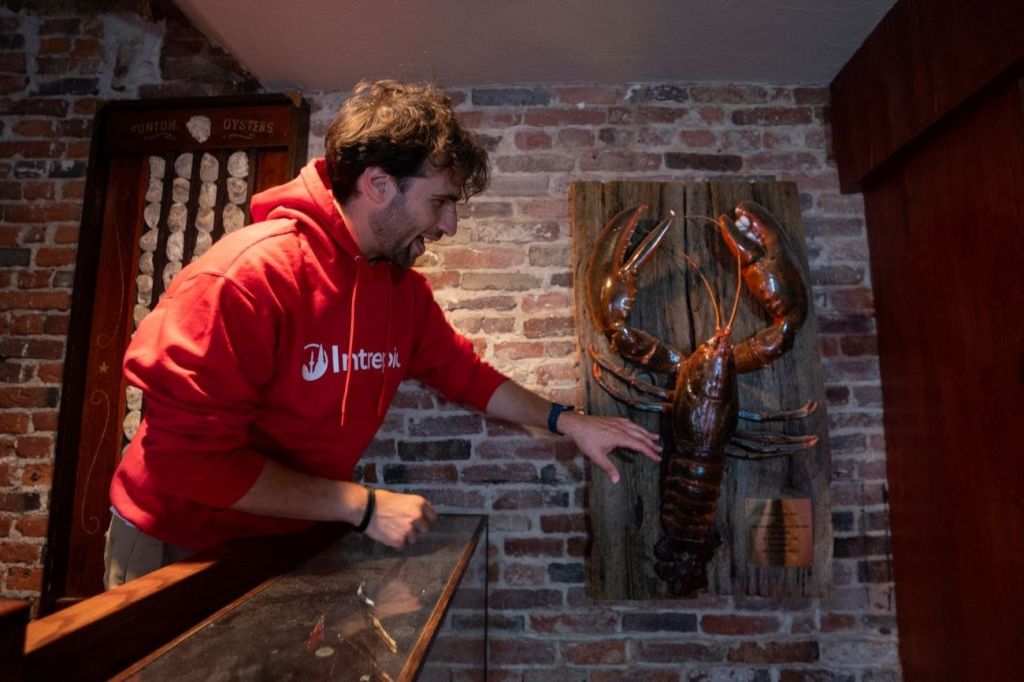 빨간색 후드티를 입은 사람이 벽돌 벽에 세워진 나무 판에 장착된 커다란 바닷가재 조각상과 상호작용합니다.