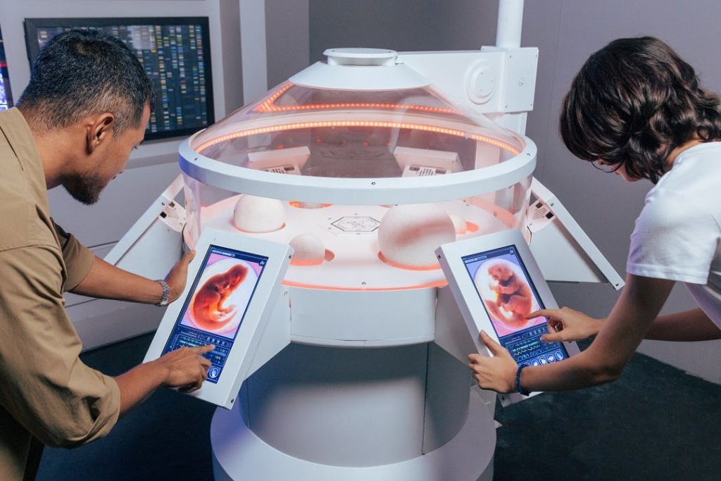 두 사람이 과학적 환경에서 인간 배아와 데이터를 화면에 표시하는 미래 지향적 장치와 상호 작용합니다.