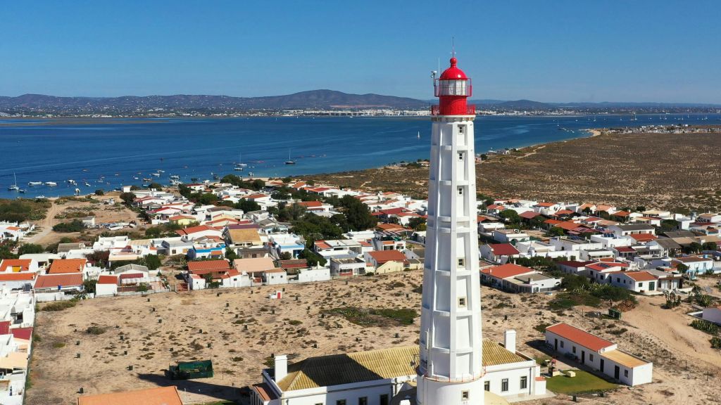 언덕을 배경으로 물가의 주택 밀집지 근처에 빨간색 상단이 있는 높은 흰색 등대가 서 있습니다.