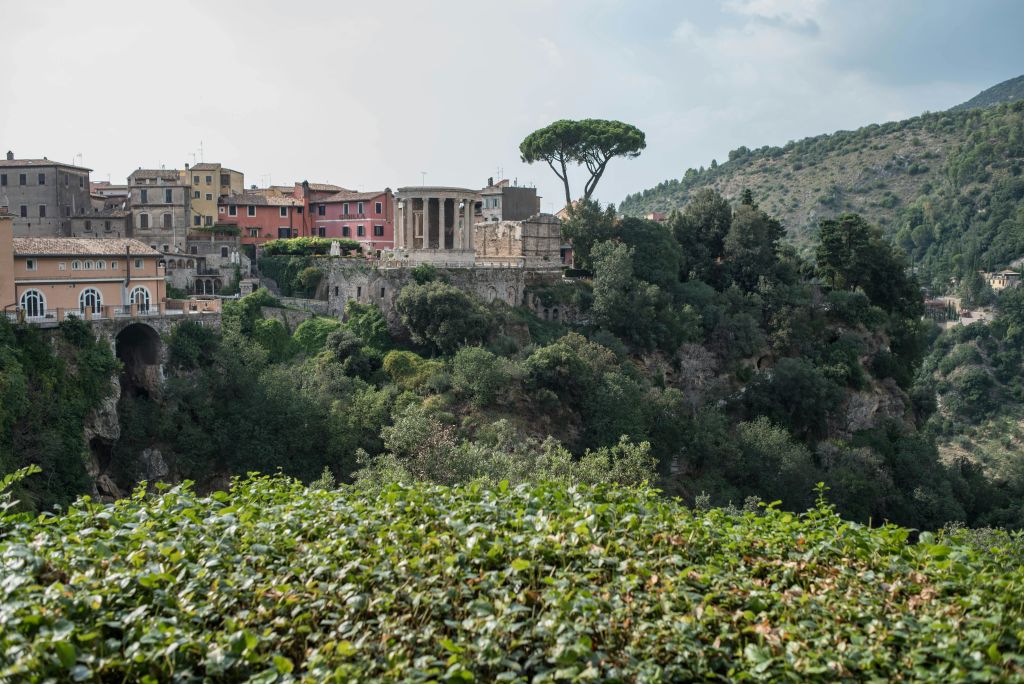 녹지와 건물로 둘러싸인 기둥이 있는 고대 사원은 그림 같은 마을 풍경의 언덕에 있습니다.