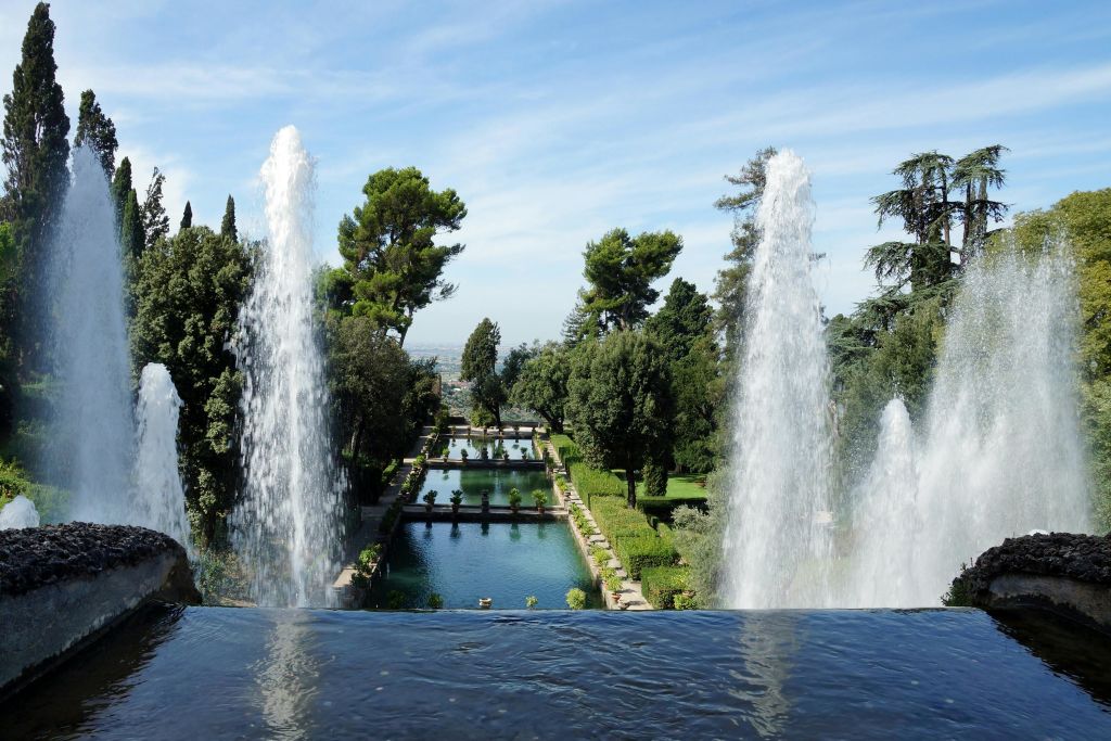 푸른 하늘 아래 나무와 울타리로 둘러싸인 긴 직사각형 수영장이 있는 정원의 측면에 있는 키 큰 분수 제트기.