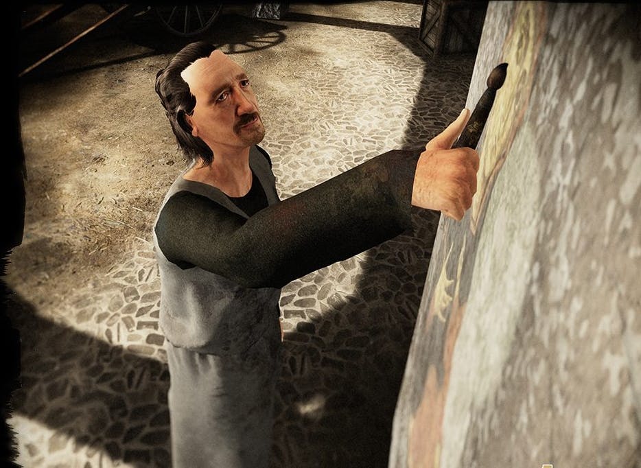 콧수염과 긴 머리를 한 남성이 조명이 어두운 방의 자갈 바닥에 서서 붓으로 캔버스에 그림을 그리고 있습니다.