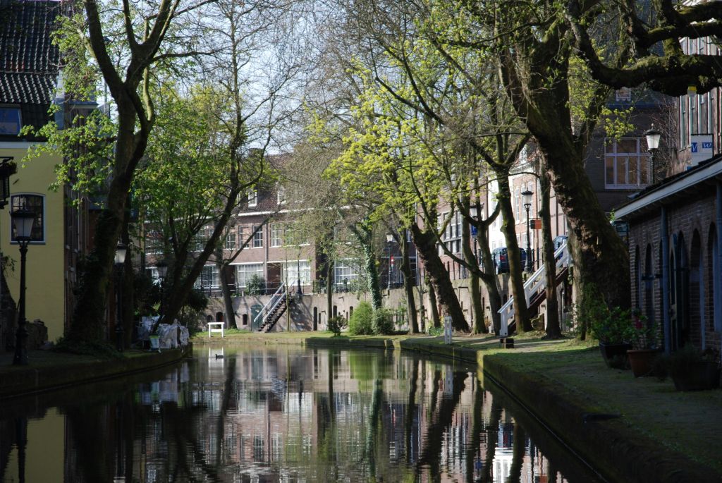화창한 날 나무와 유서 깊은 건물이 늘어선 운하로, 잔잔한 물과 계단이 강둑으로 이어집니다.