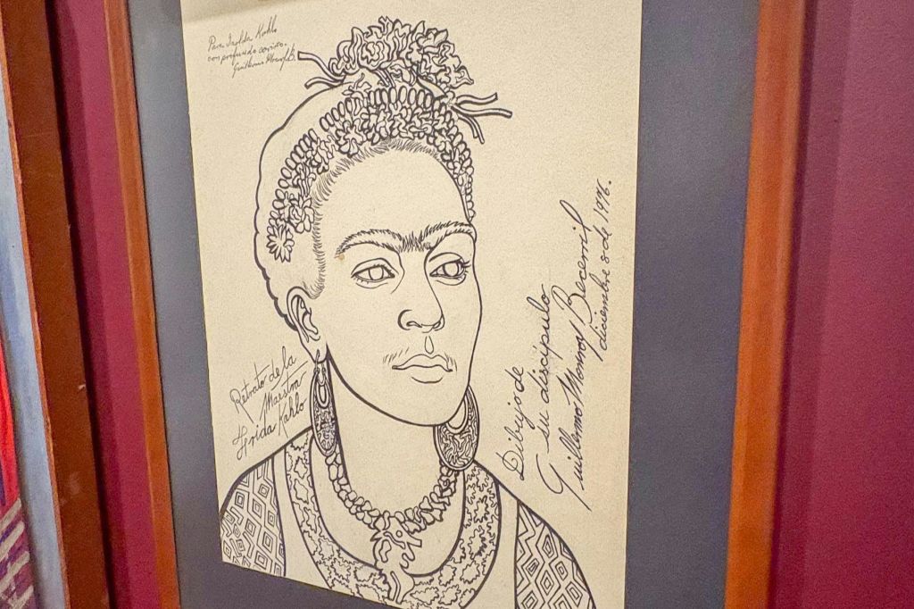 손으로 쓴 텍스트를 포함하여 Frida Kahlo의 상세한 흑백 그림이 프레임이 있는 포스터에 표시됩니다.