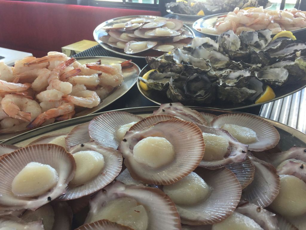 테이블에 가리비, 굴, 새우 등 신선한 해산물 접시가 진열되어 있습니다.