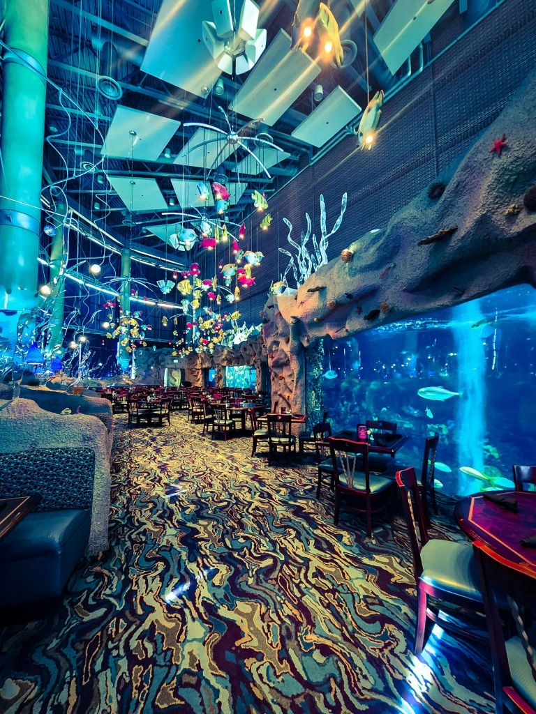 대형 수조, 화려한 행잉 라이트, 해양에서 영감을 얻은 좌석 등 수중 테마의 인테리어가 돋보이는 레스토랑입니다.