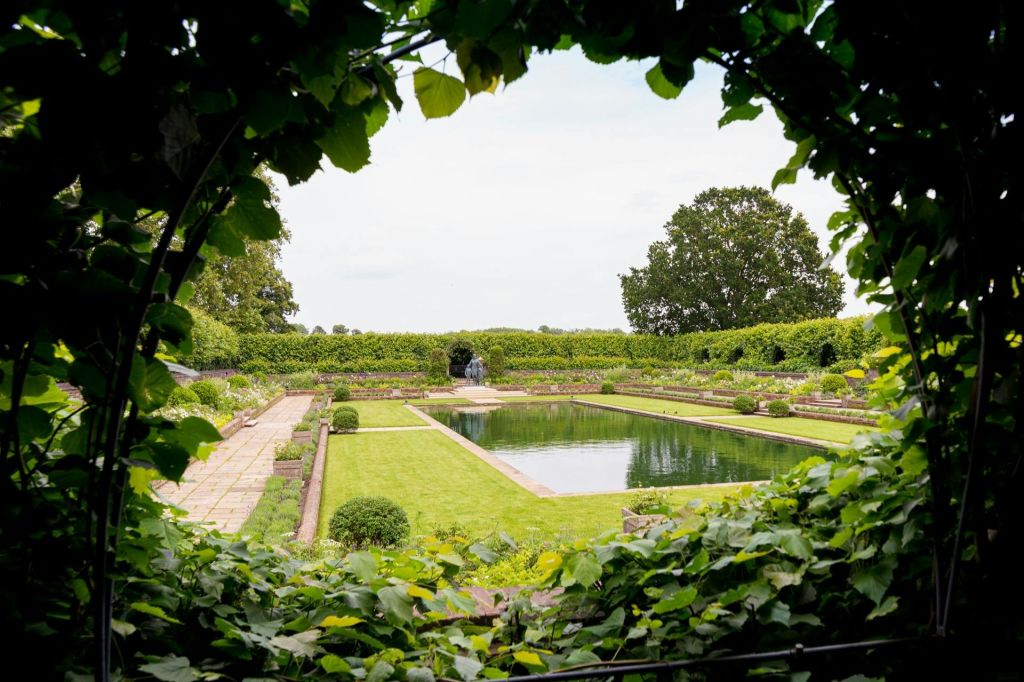 울창한 녹음, 길, 깔끔하게 다듬어진 수풀로 둘러싸인 직사각형의 반사 수영장이 있는 잘 다듬어진 정원입니다.