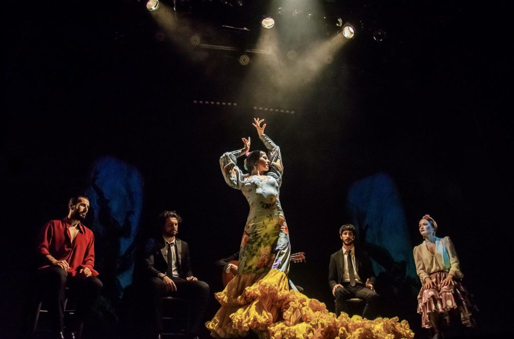 화려한 색상의 드레스를 입은 플라멩코 댄서가 조명이 어두운 무대에서 음악가들과 함께 스포트라이트를 받으며 공연합니다.