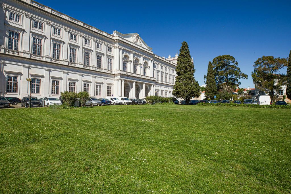 창문이 많은 크고 유서 깊은 건물, 잘 다듬어진 잔디밭, 주차된 차, 맑고 푸른 하늘 아래 높은 나무가 있습니다.