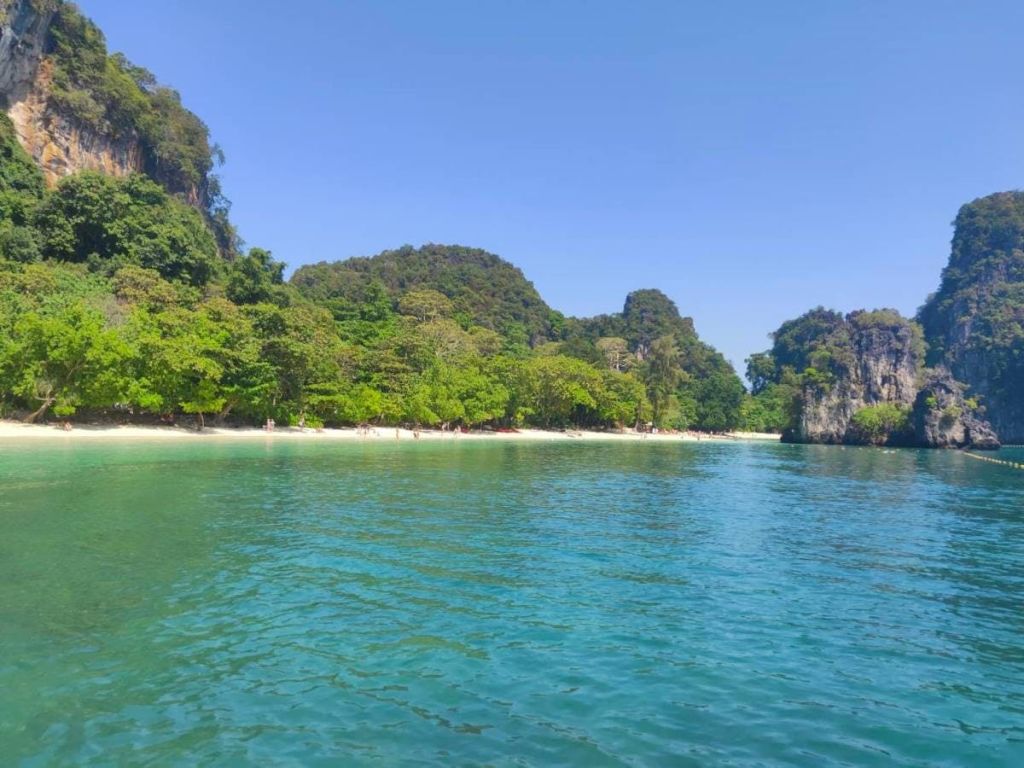 푸른 하늘 아래 푸르른 나무와 바위 언덕으로 둘러싸인 모래 해변에는 청록색 바다가 펼쳐져 있습니다.