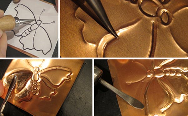 도구를 사용하여 구리 시트에 나비 디자인을 엠보싱하는 과정을 묘사한 콜라주입니다.