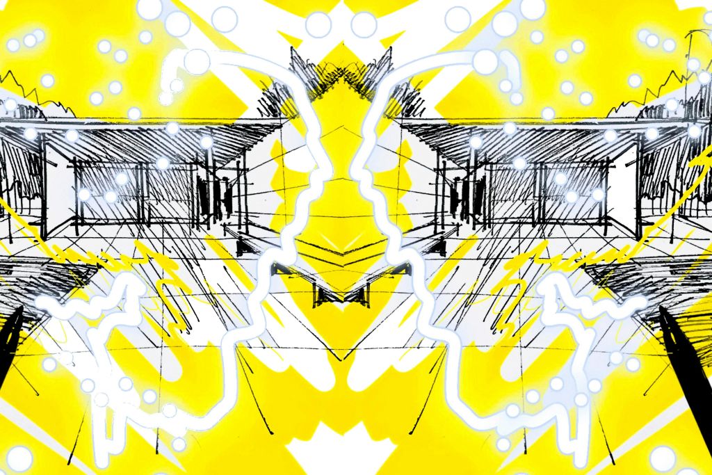 대칭적인 패턴, 노란색과 흰색, 건축물 같은 검은 선 디테일이 돋보이는 추상적인 작품.