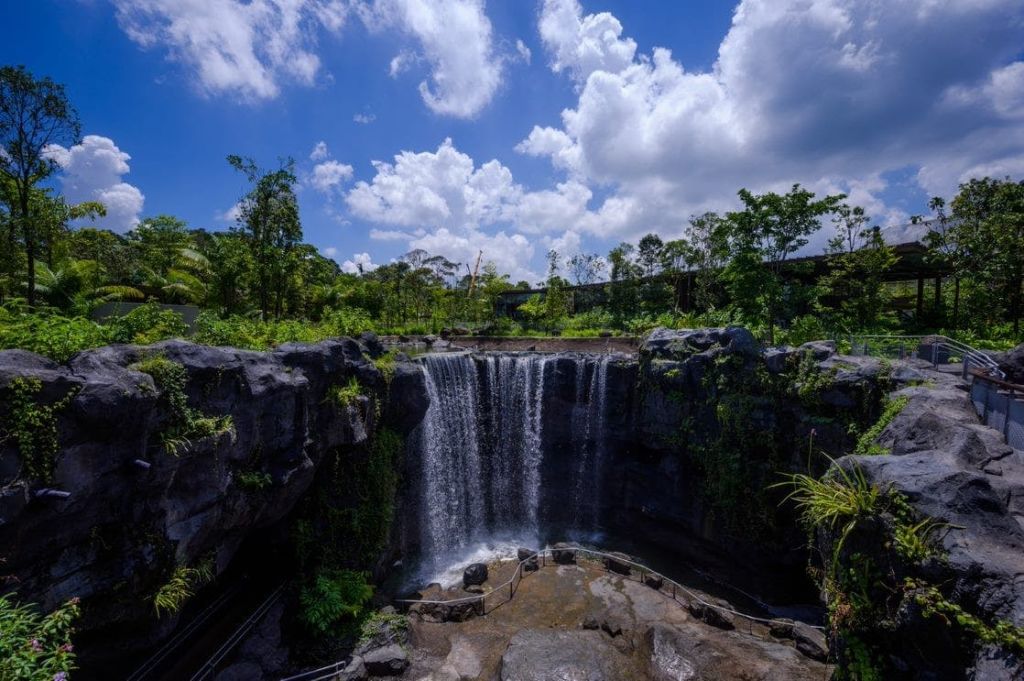 푸르고 부분적으로 흐린 하늘 아래 울창한 푸른 나무로 둘러싸인 분지로, 들쭉날쭉한 바위 위로 폭포가 계단식으로 이어집니다.