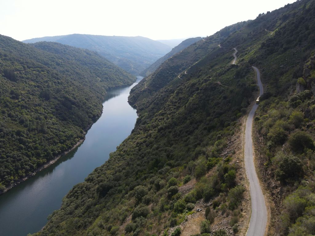 청명한 하늘 아래 푸른 언덕으로 둘러싸인 잔잔한 강이 흐르는 울창하고 좁은 계곡을 따라 구불구불한 길이 이어집니다.