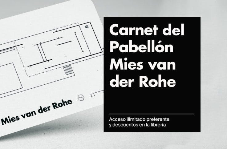 액세스 및 서점 할인을 제공하는 "Carnet del Pabellón Mies van der Rohe" 도식과 텍스트가 있는 흑백 디자인.