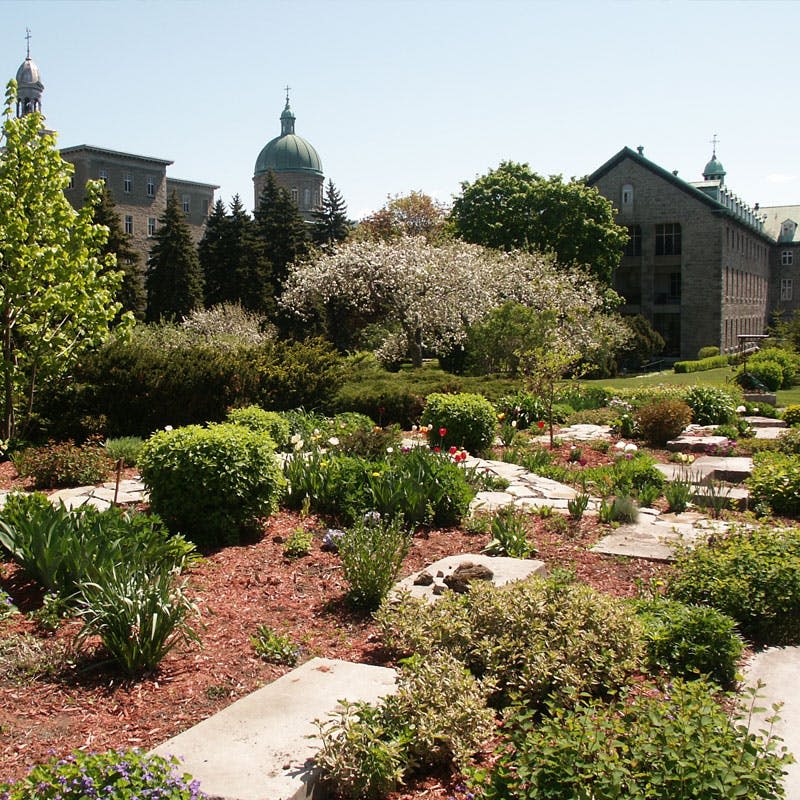 석조 통로와 다양한 녹지가 있는 정원으로, 맑은 하늘 아래 역사적인 돔형 건물이 배경으로 자리하고 있습니다.