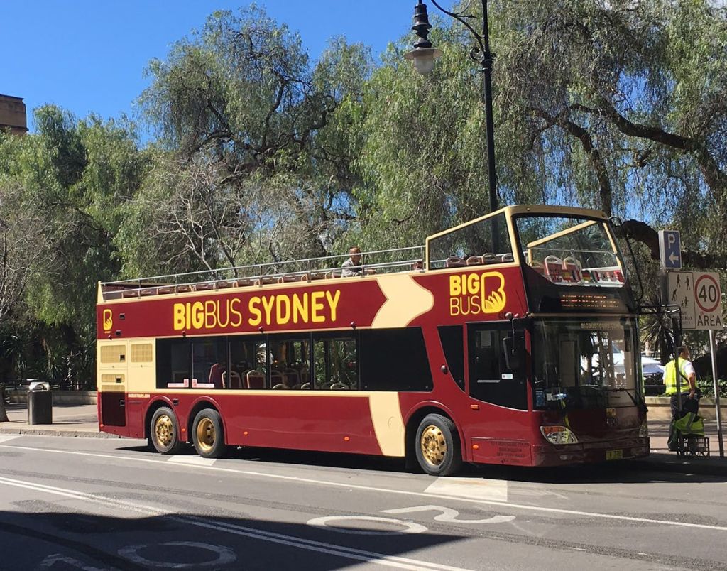 "빅 버스 시드니" 라는 이름의 빨간색과 크림색 2층 버스가 나무가 늘어선 거리에 주차되어 있습니다.