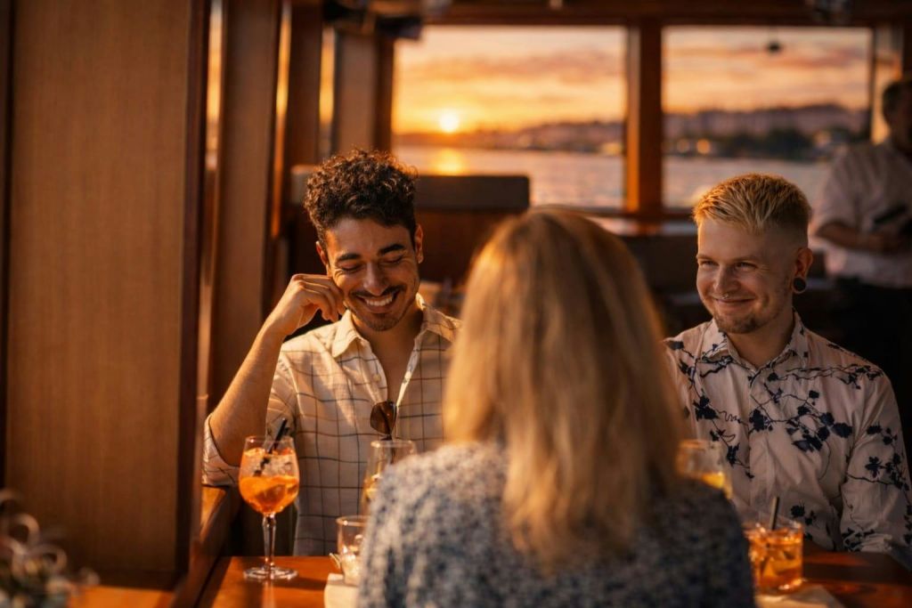 보트나 워터프론트 레스토랑에서 석양이 질 무렵 테이블 건너편에서 한 여성을 바라보며 미소를 짓고 있는 남성.