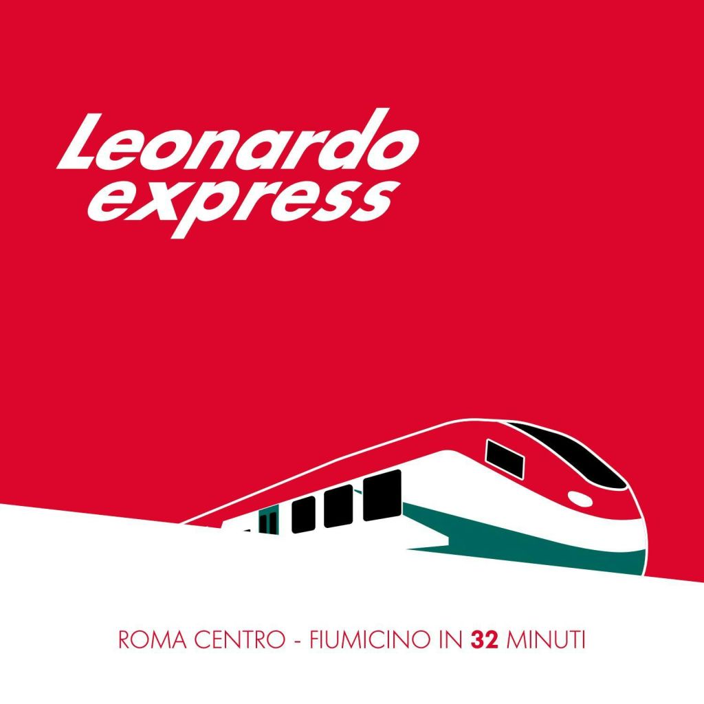 "Leonardo express" 및 "Roma Centro - Fiumicino in 32 Minuti" 라는 텍스트가 있는 빨간색과 흰색 열차의 스타일리시한 그래픽.