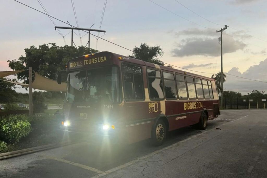 "BIG BUS TOURS USA" 및 "BIG BUS.COM" 표지판이 있는 주차된 빨간색 투어 버스가 해질 무렵 교외 환경에서 헤드라이트로 조명을 받고 있습니다.