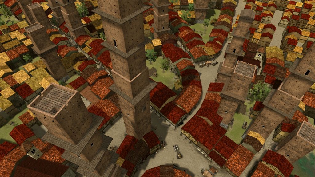 구불구불한 거리를 따라 붉은색과 노란색 초가 지붕이 있는 높은 갈색 타워와 건물이 있는 중세 마을의 공중 전망.