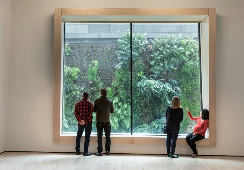 안쪽에는 4명이 서서 커다란 창문과 마주하고 있으며, 바깥에는 무성한 녹색 수직 정원 벽이 있습니다.