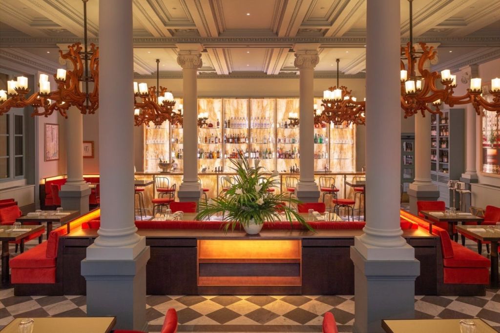 커다란 기둥, 샹들리에, 병으로 된 백라이트 벽, 빨간색 의자, 중앙 식물이 있는 우아한 바.