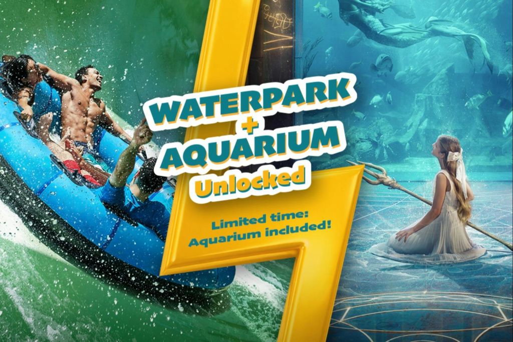 왼쪽에는 워터파크 타기, 오른쪽에는 수족관 장면, 콤비네이션 패스를 홍보하는 텍스트가 담긴 홍보 이미지입니다.