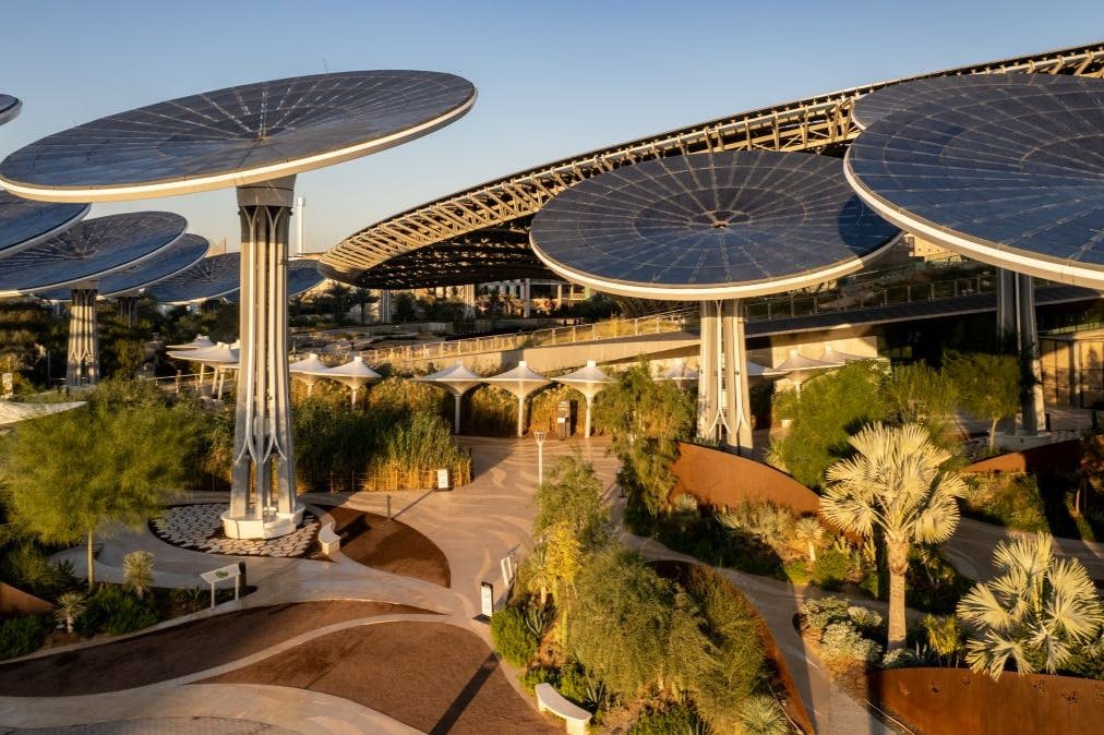 맑은 하늘 아래, 통로와 녹지가 있는 조경된 공원의 거대한 우산을 닮은 태양 전지판 구조물.