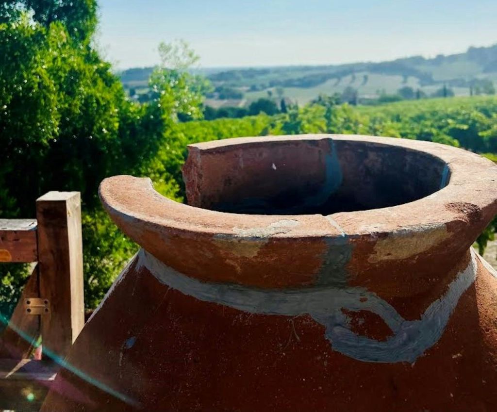 화창한 날 푸른 들판과 먼 언덕을 배경으로 균열이 있는 풍화 테라코타 냄비입니다.