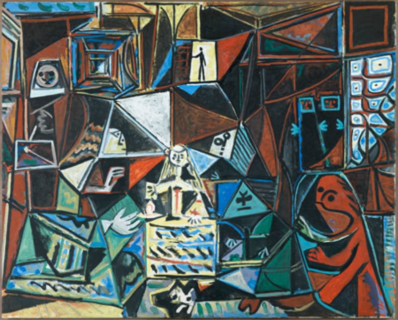 형형색색의 방에서 팔을 내린 사람이 그려진 추상화. 이 장면은 조각난 기하학적 모양과 생생한 색상을 가지고 있습니다.