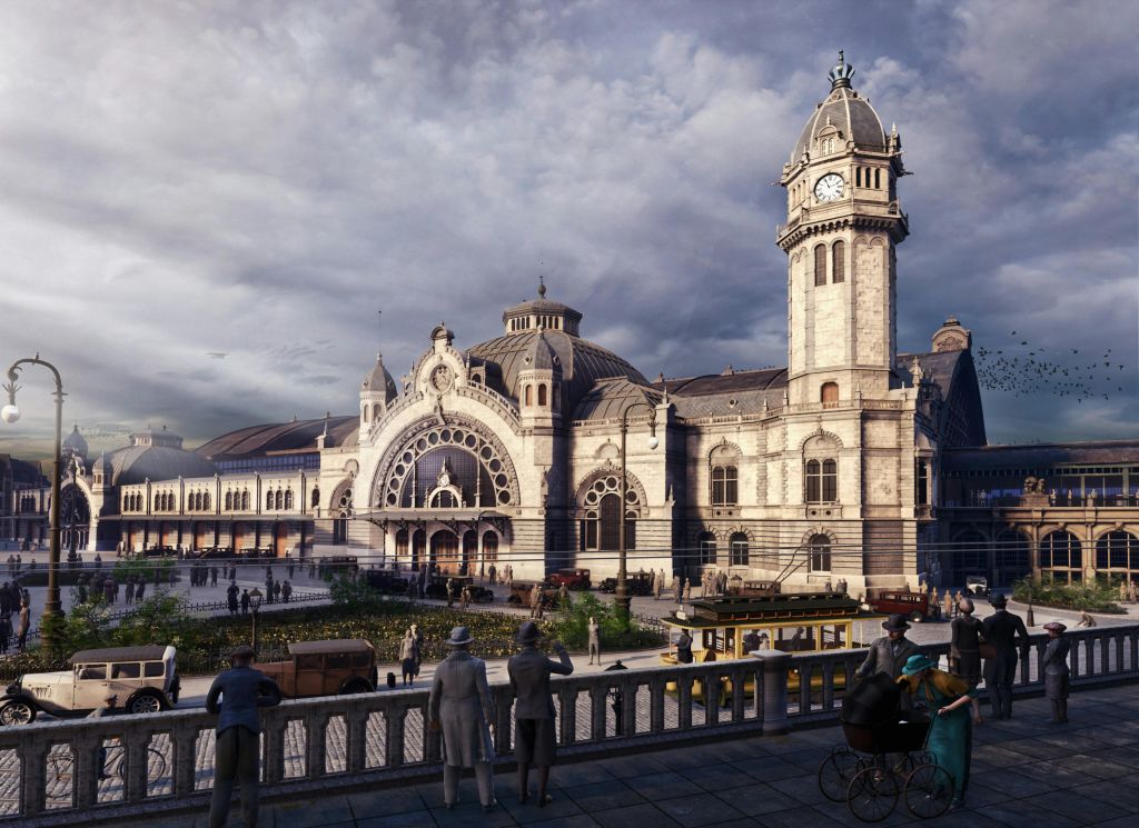 흐린 하늘 아래 시계탑, 아치형 입구, 사람, 빈티지 자동차, 자전거가 있는 웅장하고 유서 깊은 기차역입니다.