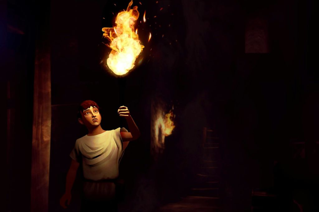 불꽃이 주변을 비추는 어두운 환경에서 횃불을 들고 있는 역사적인 복장을 한 사람.