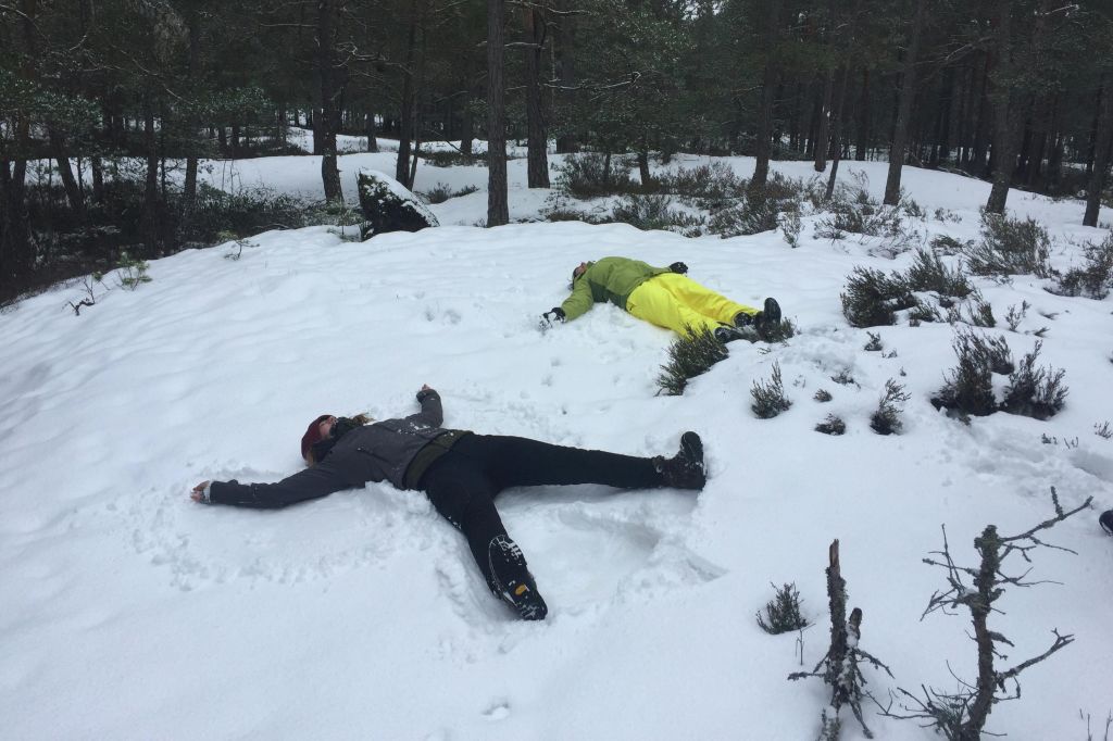 겨울옷을 입은 두 사람이 눈밭에 등을 대고 누워 숲 속에서 스노우 엔젤을 만들고 있습니다.