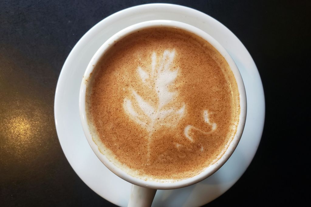 흰색 접시에 담긴 라떼 한 잔. 거품이 많은 표면에 나뭇잎 모양의 라떼 아트가 특징입니다.