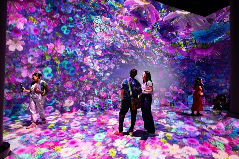 화려한 꽃의 생생한 디지털 투영으로 둘러싸인 몰입형 예술 전시관에 두 사람이 서 있습니다.