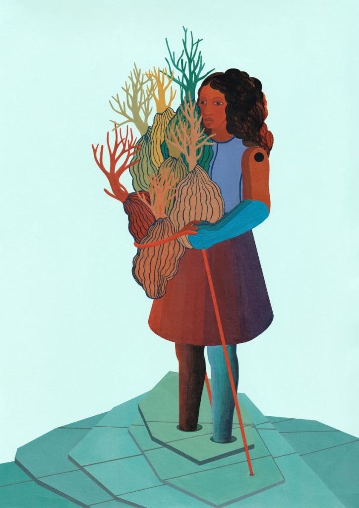 밝은 파란색 배경에 화려한 추상적인 나무 모양을 들고 있는 사람의 모습을 양식화한 그림입니다.