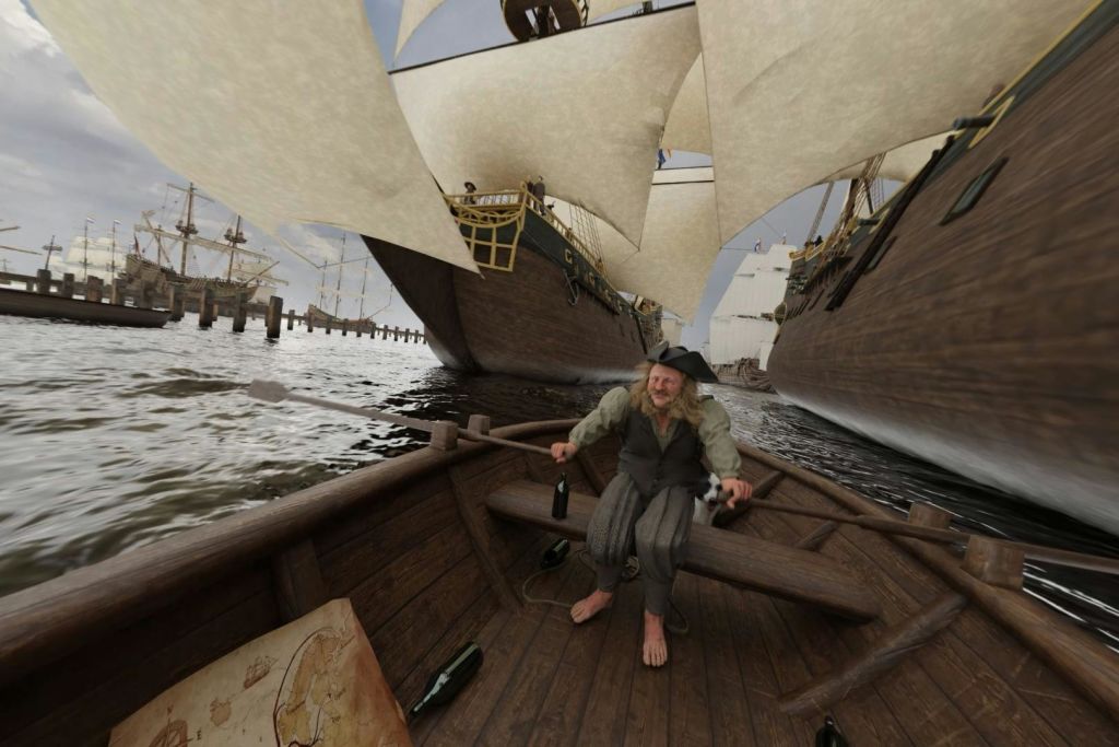 보트 바닥에 물건을 흩뿌린 채 병을 들고 있는 두 척의 대형 범선 사이에 작은 나무 보트를 탄 남성.