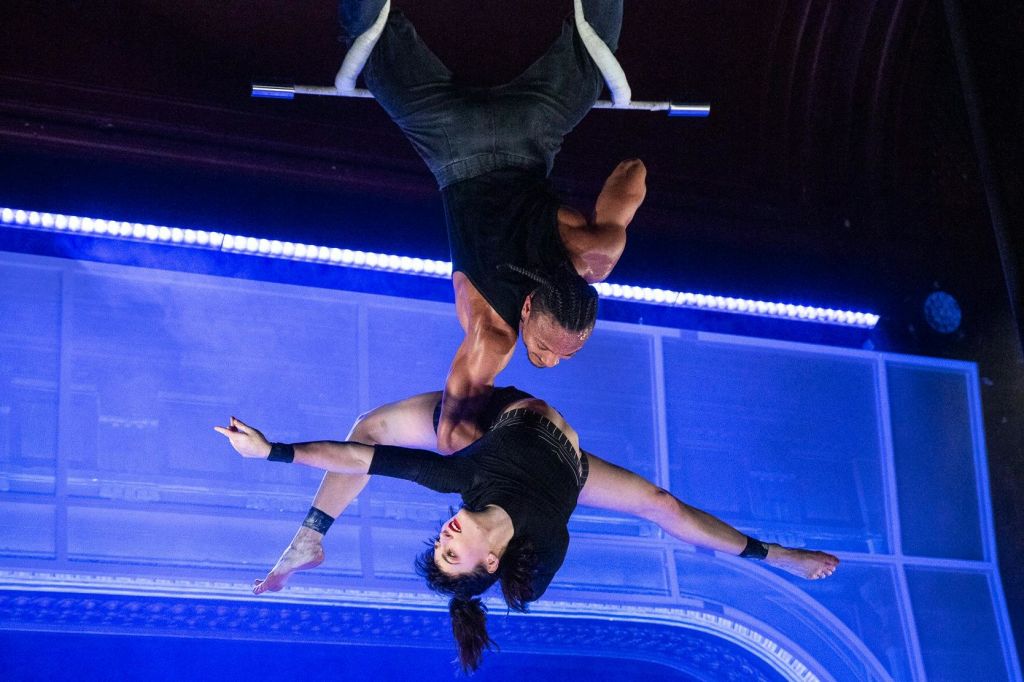 '친애하는 샌프란시스코' 에서는 아크로바트가 천장에 매달려 있습니다.