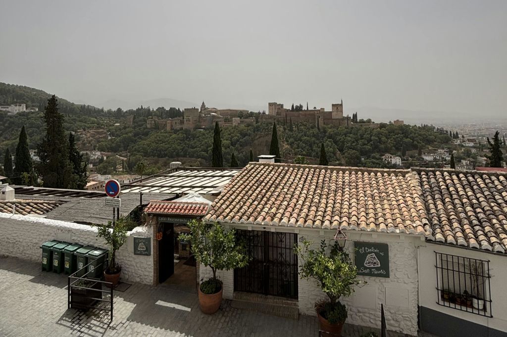 간판, 화분, 나무로 덮인 언덕을 배경으로 역사적인 요새가 있는 테라코타 타일 건물의 옥상 전망.