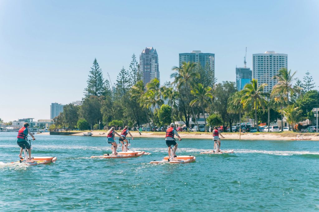 나무와 높은 건물을 배경으로 모래 해변 근처의 차분한 물가에서 대형 패들보드를 타는 사람들.