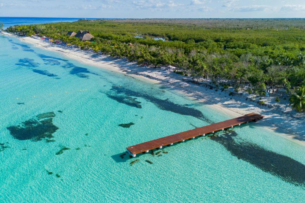 투명한 청록색 바다로 뻗은 나무 부두의 공중 전망, 모래 해변과 빽빽한 녹색 숲을 배경으로.