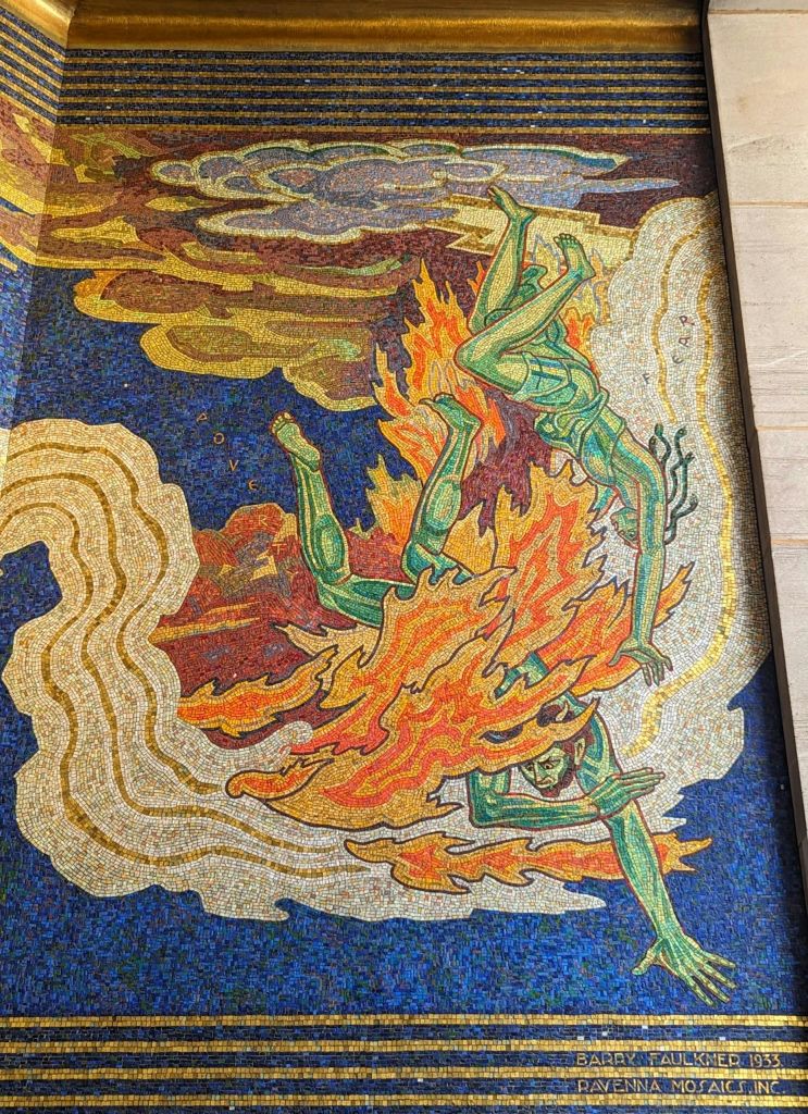 파란색과 노란색으로 소용돌이치는 배경에 불꽃에 휩싸인 휴머노이드 형상을 묘사한 다채로운 모자이크.