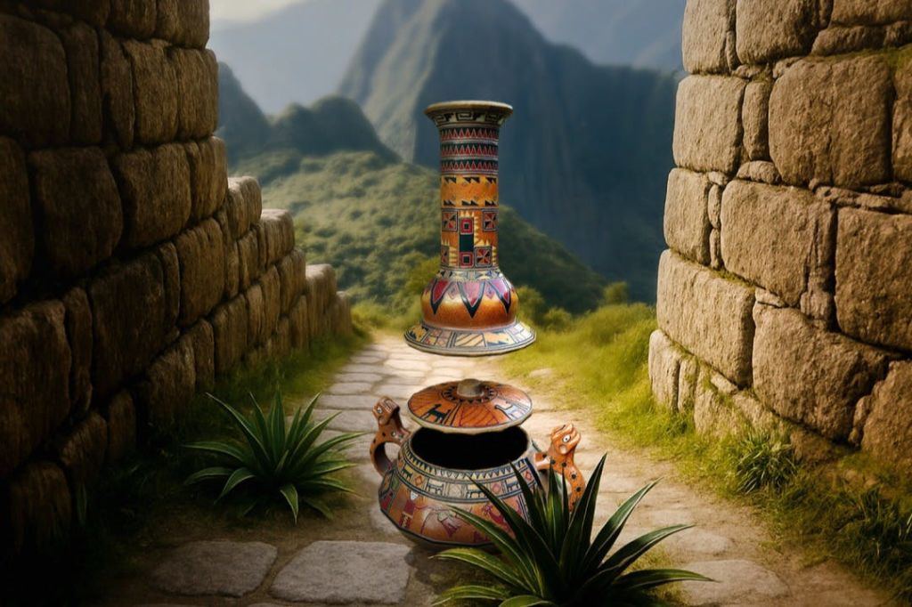 정교한 패턴의 장식용 세라믹 화분은 산을 배경으로 고대 돌담 사이의 돌길에 자리 잡고 있습니다.