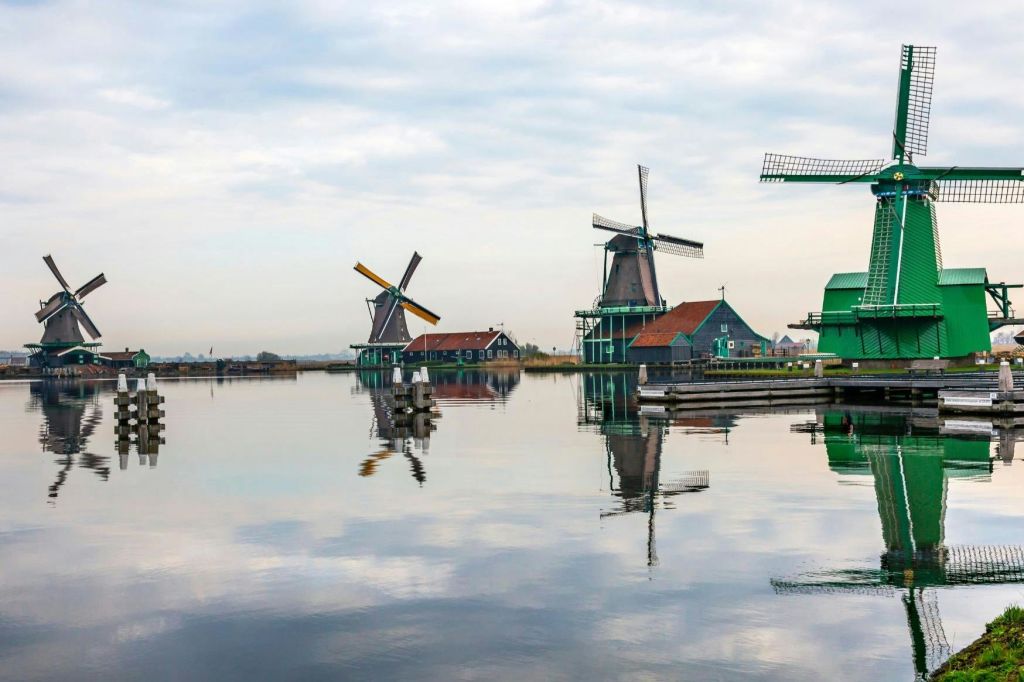 잔잔한 수면에 반사되는 세 개의 전통 풍차. 붉은색과 녹색 건물이 흐린 하늘 아래 그들을 둘러싸고 있습니다.