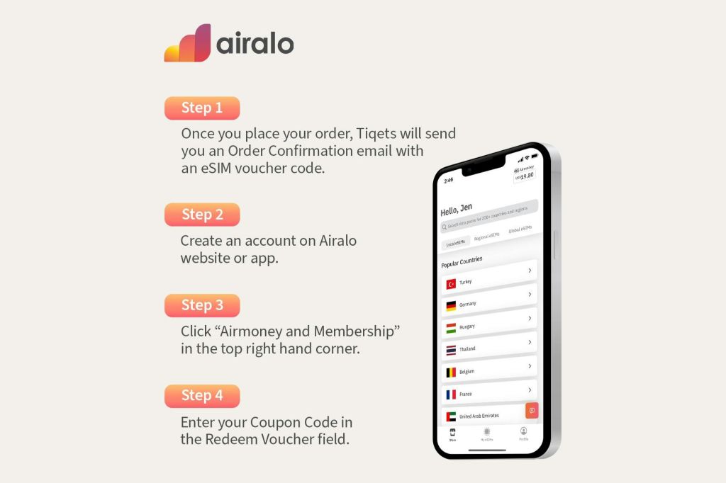 Www.airalo.com에서 eSIM 바우처를 사용하는 간단한 단계