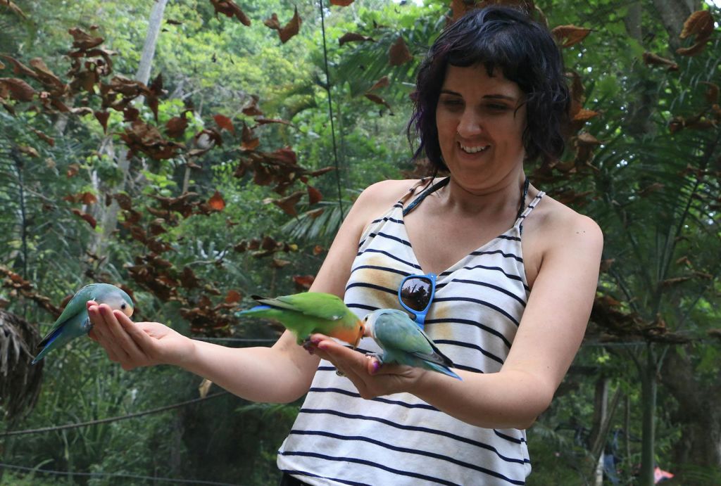 무성한 녹색 야외 환경에서 초록색과 파란색 두 마리의 다채로운 앵무새를 안고 있는 줄무늬 탱크 탑을 입은 여성.